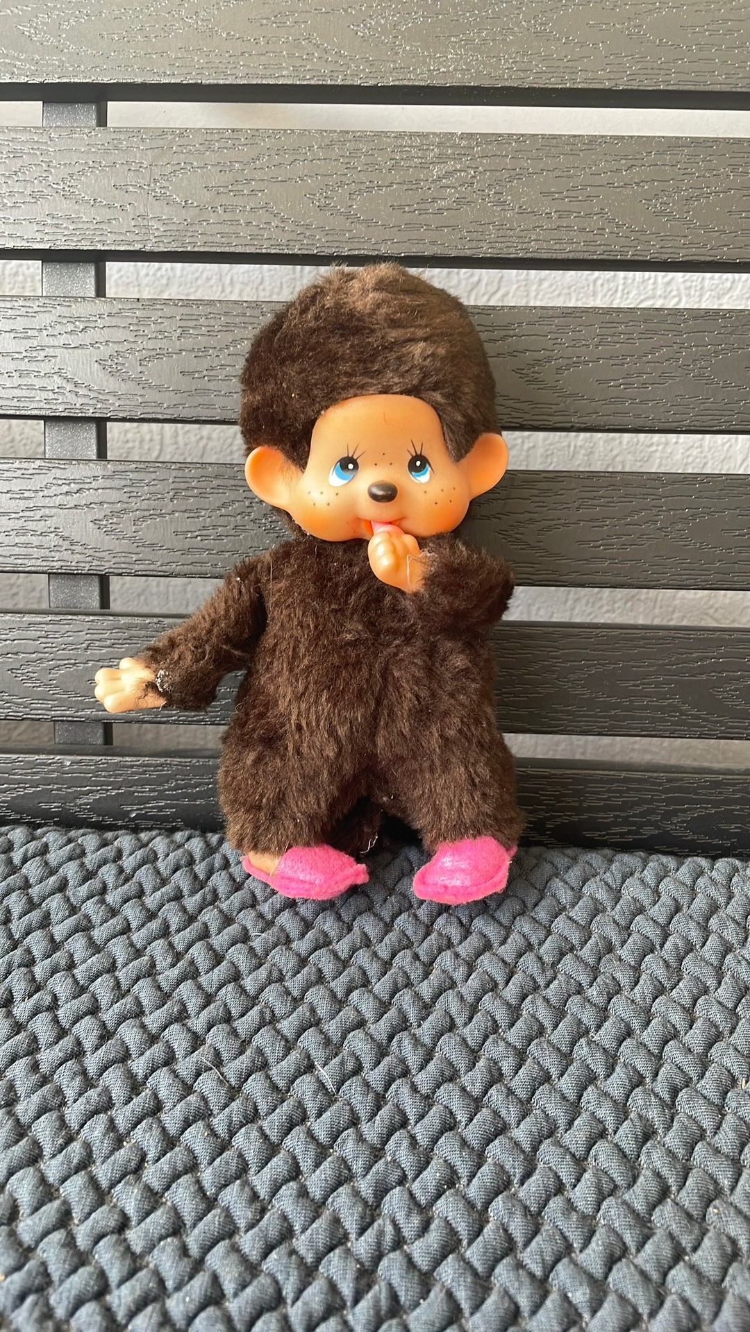 Vintage Monchhichi Brown Blue Eye Thumb Pacifier Plush Stuffed Toy