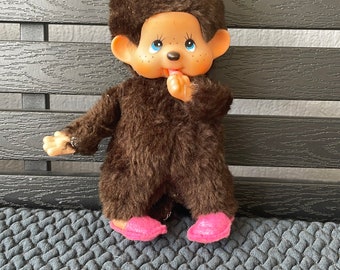 Vintage Monchhichi Brown Blue Eye Thumb Pacifier Plush Stuffed Toy