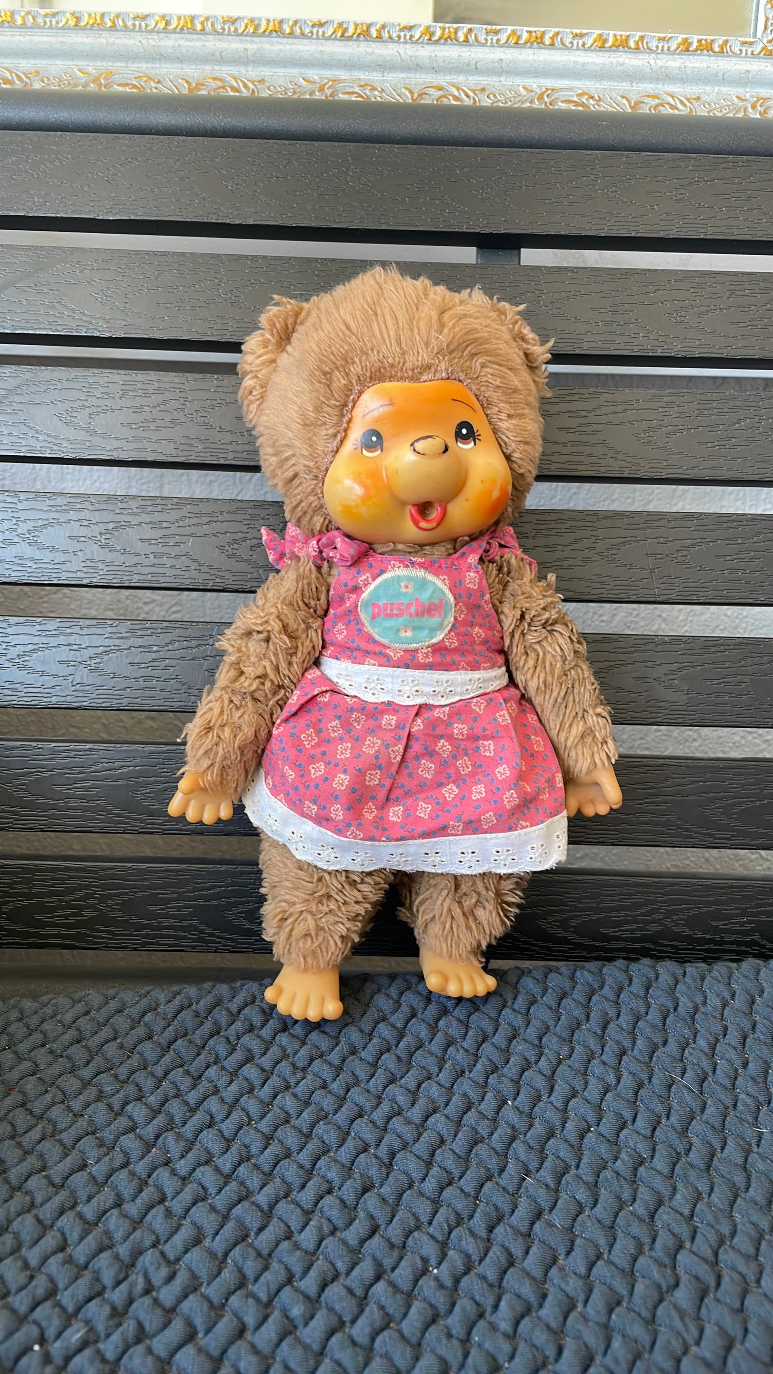 Vtg Monchhichi Sekiguchi Puschel Tobby Bear With Cute Pink Dress Doll Size 11.5”, Rare Monchhichi