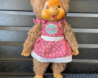 Vtg Monchhichi Sekiguchi Puschel Tobby Bear avec une jolie poupée rose taille 11,5 pouces, Rare Monchhichi, cadeau d'anniversaire, objet de collection