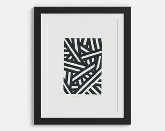 Kreuzende Linien, Rhythmus, Kleiner Linolschnitt, Linoldruck, Abstrakter Linolschnitt, Linolschnitt Original, Schwarzer Druck, Original handgemachter Druck