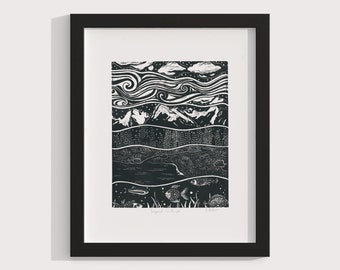 Layered Landscape | Handmade Linocut Print | Printmaking | Lino cut | Original Print | Black and White | Linoleum | Block Print | Nature Art