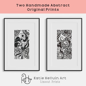 Spirale 1 et 2, impression sur linoléum, linogravure abstraite, impression au bloc noir, formes organiques, oeuvre d&#39;art originale faite main, linogravure estampe, art linogravure