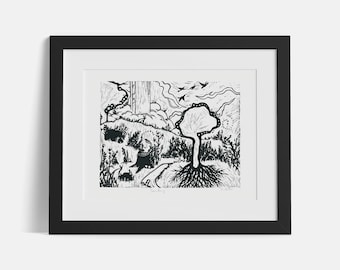 Sanctuary, Linocut Landscape, Handmade Linocut Print, Printmaking, Original Linocut Print, Black Block Print, Block Print Art, Relief Print