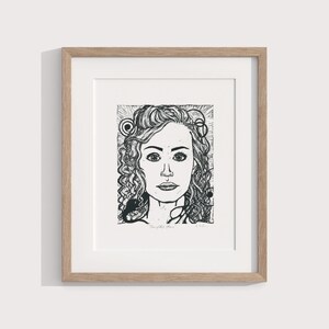 Thoughtful Stare, Linoleum Print, Curly Hair, Block Printing, Linocut, Original Handmade Art, Woman Portrait, Relief Print, Black Wall Art