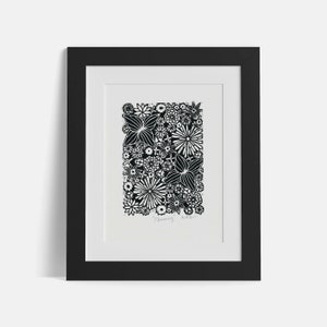 Flowering, Flower Linocut, Botanical Linocut, Flora, Floral Linocut, Black Block Print, Original Handmade Art, Linocut Print, Relief Print