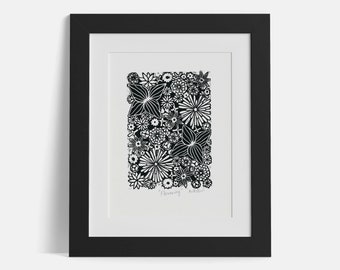Blüte, Blumen Linoldruck, Botanischer Linoldruck, Flora, Floraler Linoldruck, schwarzer Block Druck, Original handgemachte Kunst, Linoldruck, Reliefdruck