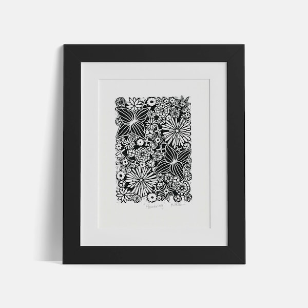 Flowering | Original Handmade Print | botanical Print | Lino Printmaking | Linocut Print  | Block Print | Black and White | Relief Print