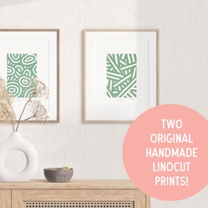 Conjunto de dois, Ritmo, Linogravura abstrata, Linogravura pequena, Linogravura original, Impressão em relevo, Impressão em linóleo, Impressão original feita à mão, Verde salva