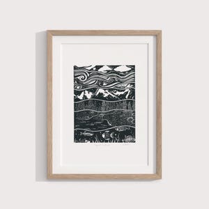 Layered Landscape, Linocut Landscape, Mountain Sea, Handmade Linoleum Print, Printmaking, Original Print, Black Block Print, Block Print Art