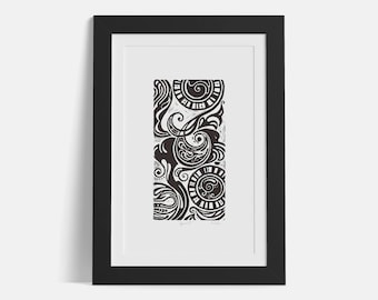 Spiral II, handmade art, lino printmaking, abstract, organic shapes, swirls circles patterns, organic lines, block print, linocut