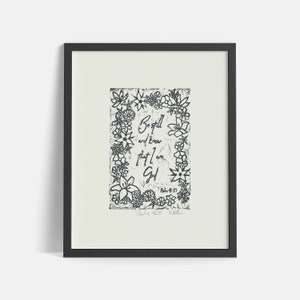 Psalm 46:10, Schrift, floraler Linolschnitt, handgefertigte christliche Kunst, Flora, botanische Kunst, handgefertigter Kunstdruck, schwarzer Blockdruck, Originalkunstwerk