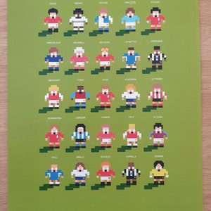 May include: A pixel art poster featuring the names and numbers of famous football players from the 1990s. The players are depicted in their iconic kits, with a green background.