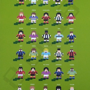 May include: A pixelated illustration of 25 soccer players from the Italian national team. Each player is depicted in their team uniform with their name and jersey number below.