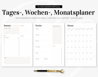 Tagesplaner Deutsch Grau | Wochenplaner, Monatsplaner, Druckbarer Planer, Planer Set, Planereinlagen, Sofortiger Download | A4
