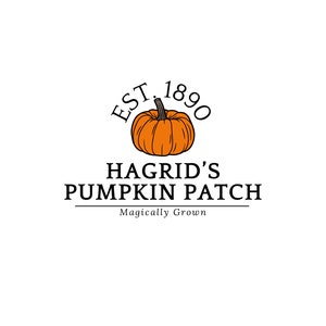 May include: A logo for Hagrid's Pumpkin Patch, established in 1890. The logo features a pumpkin with a stem and leaves, and the text "Hagrid's Pumpkin Patch" with the tagline "Magically Grown".
