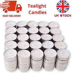 May include: A large stack of 48 white unscented tea light candles. The candles are arranged in a grid pattern. The image includes the text "Tealight Candles" and "UK Stock".
