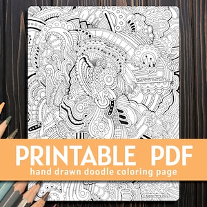 May include: Printable coloring page featuring a complex black and white doodle design. The doodle is filled with intricate patterns and swirls.