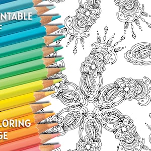 May include: A printable PDF coloring page featuring a detailed black and white floral design. The image includes a set of colorful pencils in shades of blue, green, yellow, and red, with the text "PRINTABLE PDF" and "COLORING PAGE".