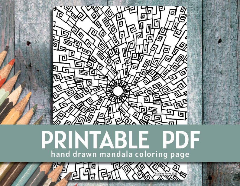 Peut inclure: Page de coloriage PDF imprimable avec un motif de mandala dessin&eacute; &agrave; la main en noir et blanc avec des motifs g&eacute;om&eacute;triques complexes.