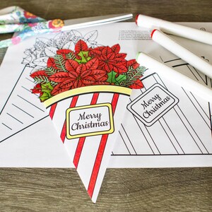 Cartão de Natal para Imprimir - Cartão para Colorir Buquê de Poinsétias