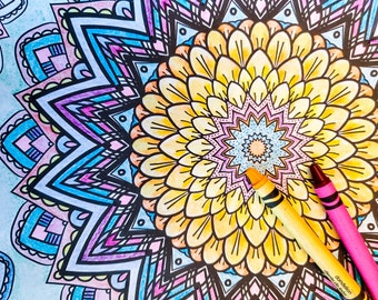 May include: A detailed mandala design with a yellow flower in the center. The mandala is colored in shades of blue, pink, and purple. Two crayons, one yellow and one pink, are lying on top of the mandala.