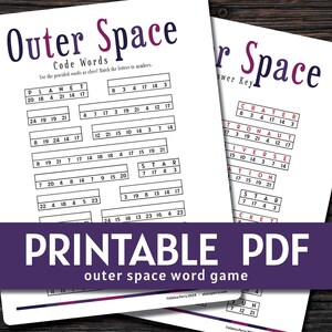 Puede incluir: Juego de palabras cruzadas imprimible en PDF con temática espacial para niños. El juego incluye un rompecabezas de palabras codificadas con una clave para resolver el rompecabezas. Las palabras incluyen "planeta", "astronauta", "cohete", "estrella", "universo", "cráter" y "estación".