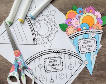 Peut inclure: Un modèle d'artisanat imprimable pour une carte de la fête des mères. Le modèle présente un bouquet de fleurs dans un vase en forme de cône avec le texte "Joyeuse fête des mères".