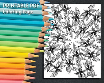 Könnte beinhalten: Ausdruckbare PDF-Malvorlage mit einem komplizierten Schwarzweiß-Design aus stilisierten Blumen. Das Design ist symmetrisch und erzeugt ein kreisförmiges Muster.