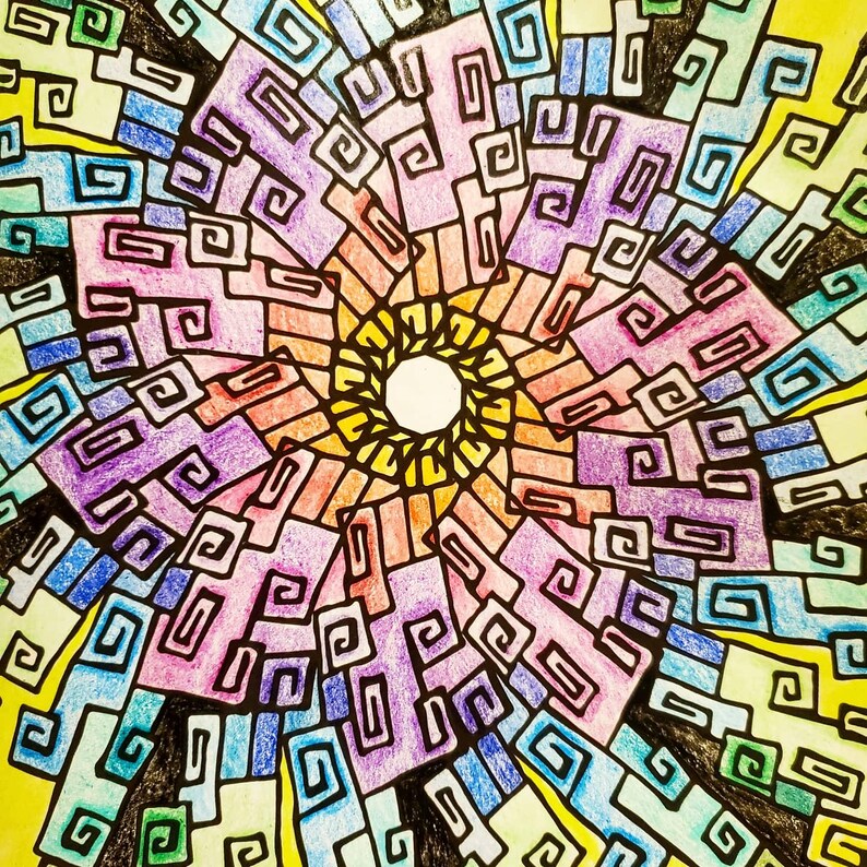 Peut inclure: Un motif de mandala abstrait color&eacute; avec un cercle central et des motifs tourbillonnants dans des tons de jaune, bleu, vert, rose et violet.