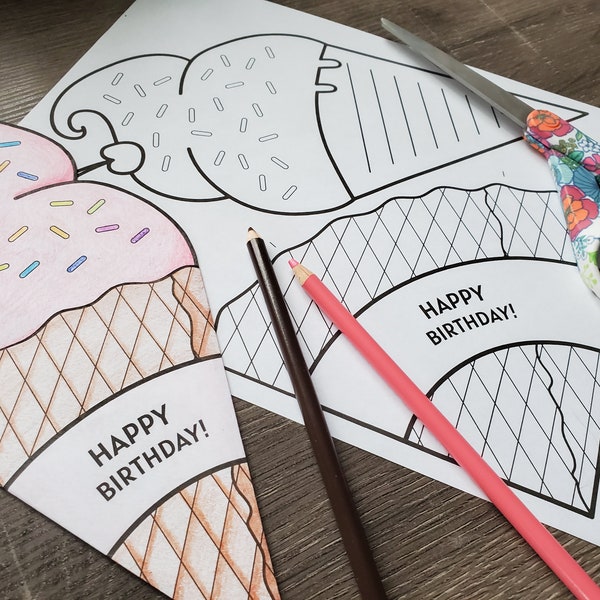 Ice-cream Cone Birthday Card DIY Coloring Project Instant Download