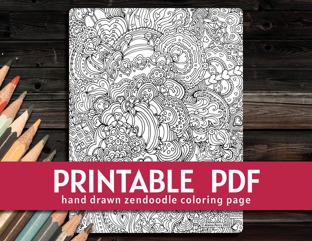 Hearts Zen Doodle Adult Coloring Page Etsy