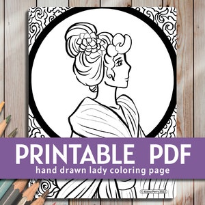 Lady with Flowers in Her Hair by a Window - Printable Coloring Page