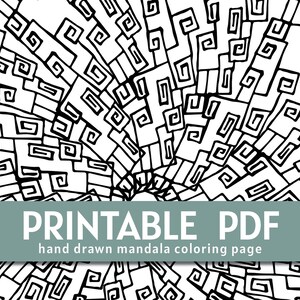 Peut inclure: Page de coloriage de mandala imprimable en noir et blanc avec un motif g&eacute;om&eacute;trique de carr&eacute;s et de volutes. La page est intitul&eacute;e "Printable PDF hand drawn mandala coloring page".