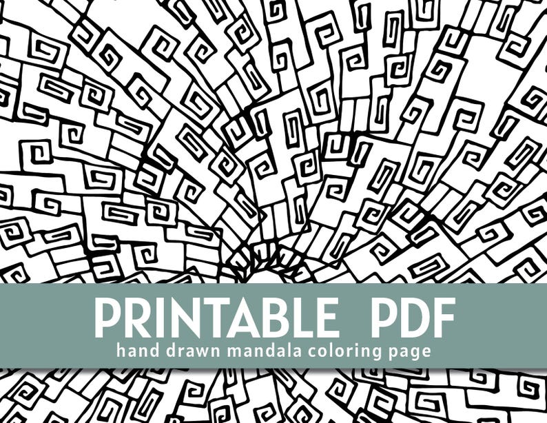 Peut inclure: Page de coloriage de mandala imprimable en noir et blanc avec un motif g&eacute;om&eacute;trique de carr&eacute;s et de volutes. La page est intitul&eacute;e "Printable PDF hand drawn mandala coloring page".