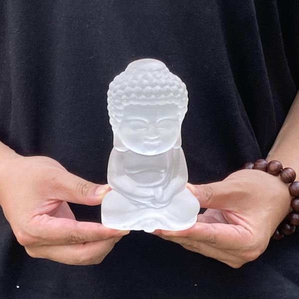 5.5 ” Natural Hand Selenite Buddha Carved,Quartz Crystal sculpture,Crystal Buddha,Crystal Reiki heal,Crystal gifts,Energy crystals 900g+