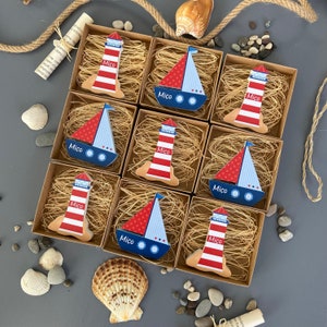 Personalized Lighthouse and Sailboat Birthday gifts, Baby Shower Favor Wooden Magnets, First Birthday Favors, Boys Birthday Party Favors