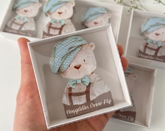 Vintage wooden Bear Magnet, Custom Magnet, Bear Birthday Party Favors, Teddy Bear Party, Baby Shower Party Favors,Baby Animals Mint Blue