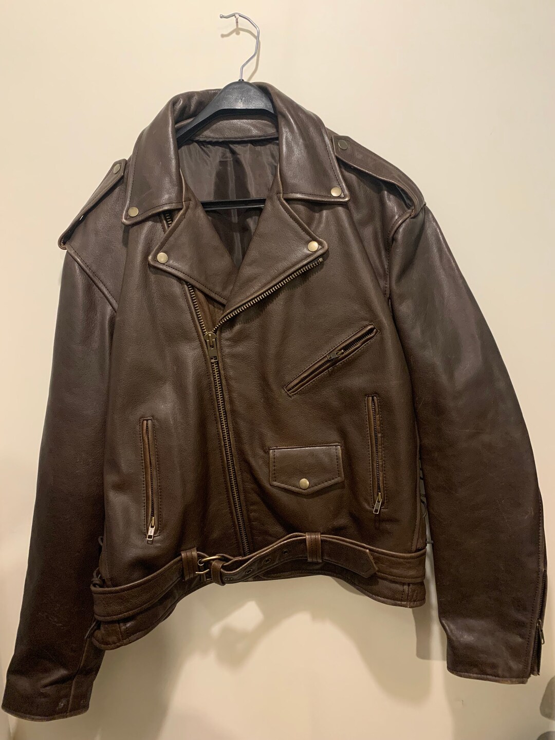 Vintage Brown Heavy Leather Motorcycle Jacket Size Mens Etsy