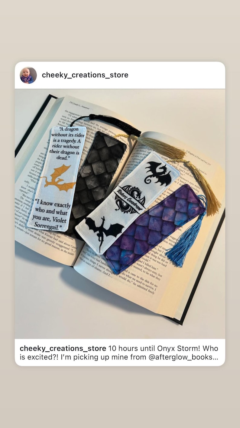 May include: Four fabric bookmarks with dragon designs and quotes. The bookmarks are on a book with a blue tassel hanging off the bottom of one bookmark. The quotes on the bookmarks are "A dragon without its rider is a tragedy. A rider without their dragon is dead." and "I know exactly who and what you are, Violet Sorrengail."