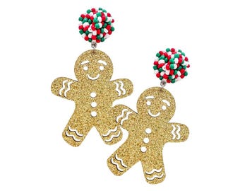Glitter Gingerbread Man Christmas Earrings with Beaded Pom