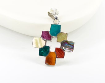 950 Sterling Silver Chakana Pendant, Lapis Lazuli Turquoise Inlay, Andean Inca Cross Necklace