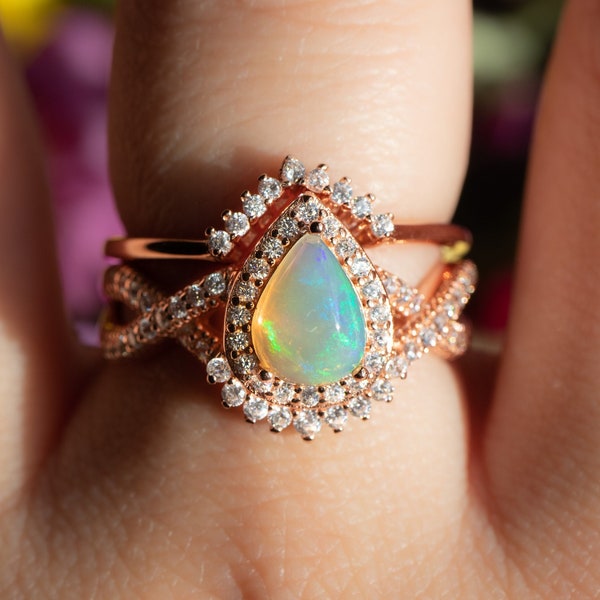 Engagement ring set rose gold opal ring set gold promise ring October birthstone ring  statement ring set anniversary gift for her