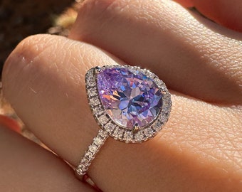 Pear Cut Purple Halo Ring, Sterling Silver CZ Statement, Anniversary Promise