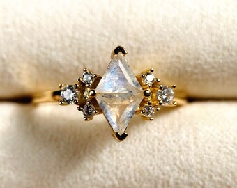 Moonstone Statement Ring, 14k Gold Plated Sterling Silver, Cubic Zirconia
