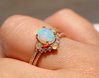 Unique Ethiopian Opal Ring - 925 Sterling Silver Ring Set - October birthstone ring set Opal  statement ring - Silver promise ring set