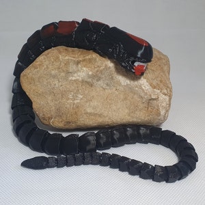 Könnte beinhalten: Ein schwarzes und rotes, segmentiertes Alien-Spielzeug mit einem segmentierten Schwanz. Das Spielzeug ist auf einem hellbraunen Stein platziert.