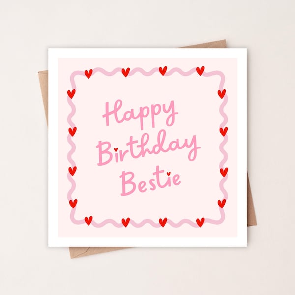 Happy Birthday Bestie Card | Bestie Birthday Card | Bestie Birthday Gift | Best Friend Birthday, Cute Pink Heart Birthday Card, Card For Her