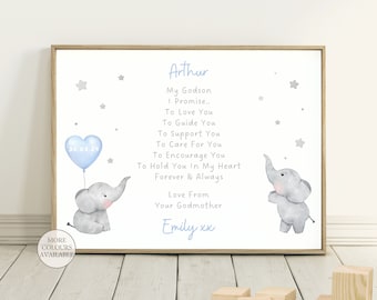 Personalised Elephant Godson Print | Christening Gift For Godson | Baptism Gift | Christening Gifts for Girl | Christening Gifts for Boys