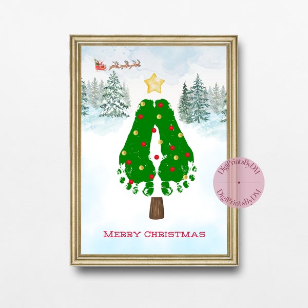 Huella de la mano de la huella del árbol de Navidad, artesanía artística para niños pequeños, primera Navidad, memoria de recuerdo de tarjeta impresa imprimible, DigiPrintsByDM